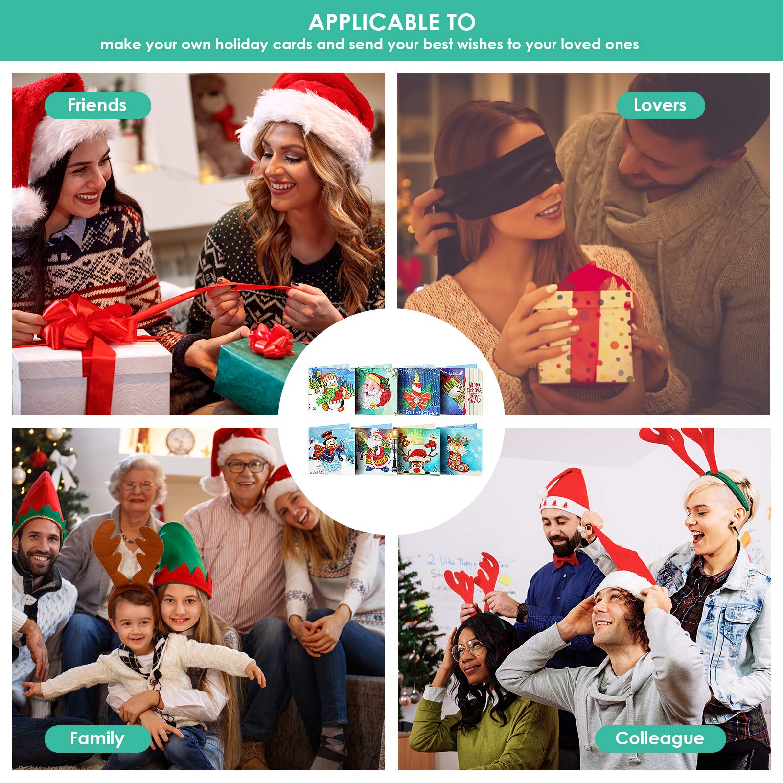 iFCOW Lot de 8 cartes de vœux de Noël 5D à faire soi-même avec peinture diamant pour les fêtes entre amis et la famille