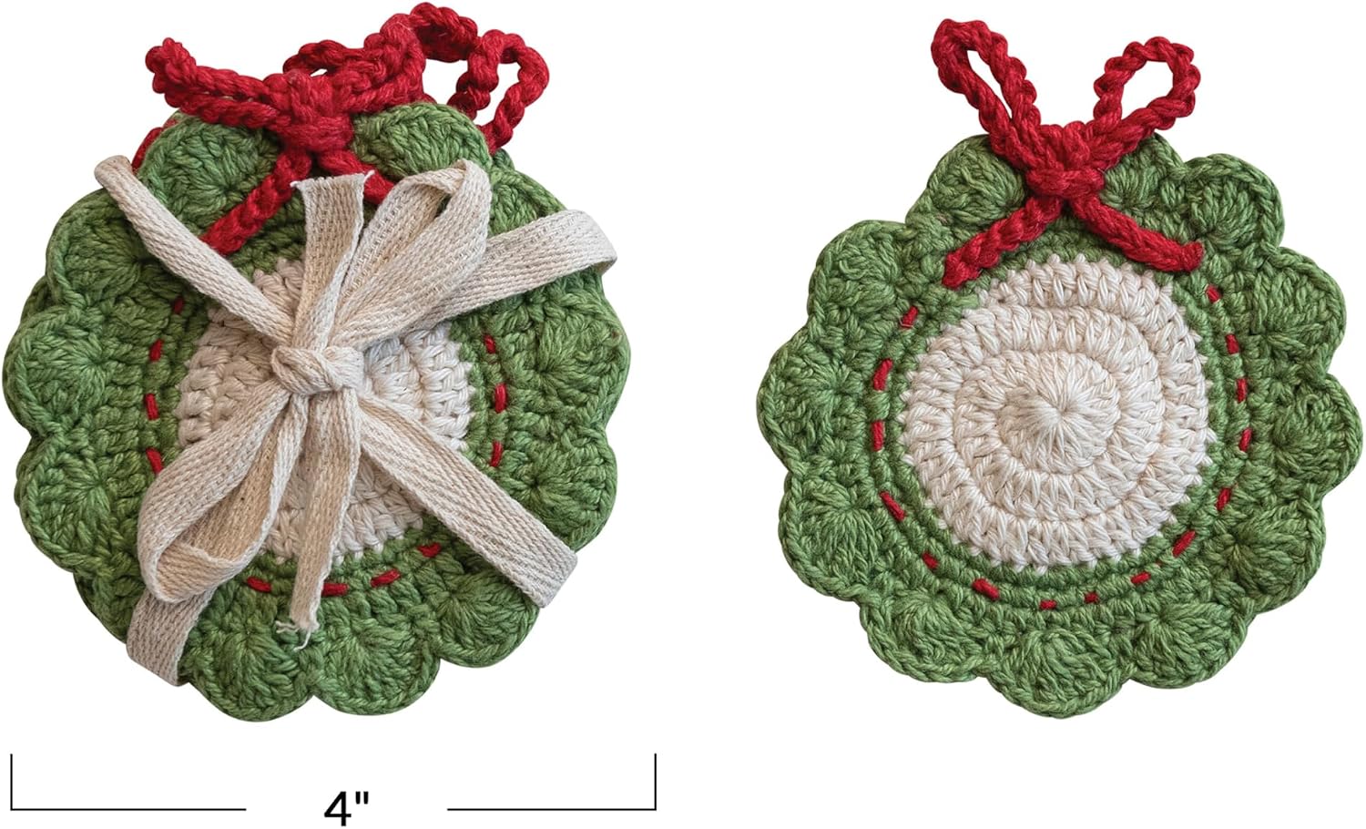 Creative Co-Op Cotton Crocheted Wreath Shaped Coasters, Green, Red and White, Set of 4