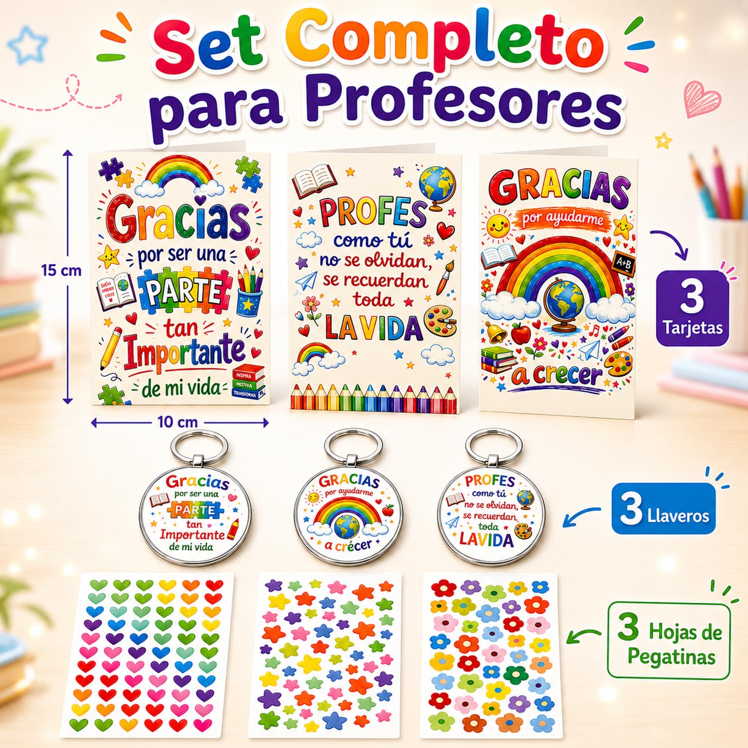 Regalo Profesora, Set de 3 Tarjetas y 3 Llaveros para Profesora, Regalo para Profesora Infantil con Pegatinas, Detalle de Agradecimiento para Maestra, Fin de Curso, Día del Maestro