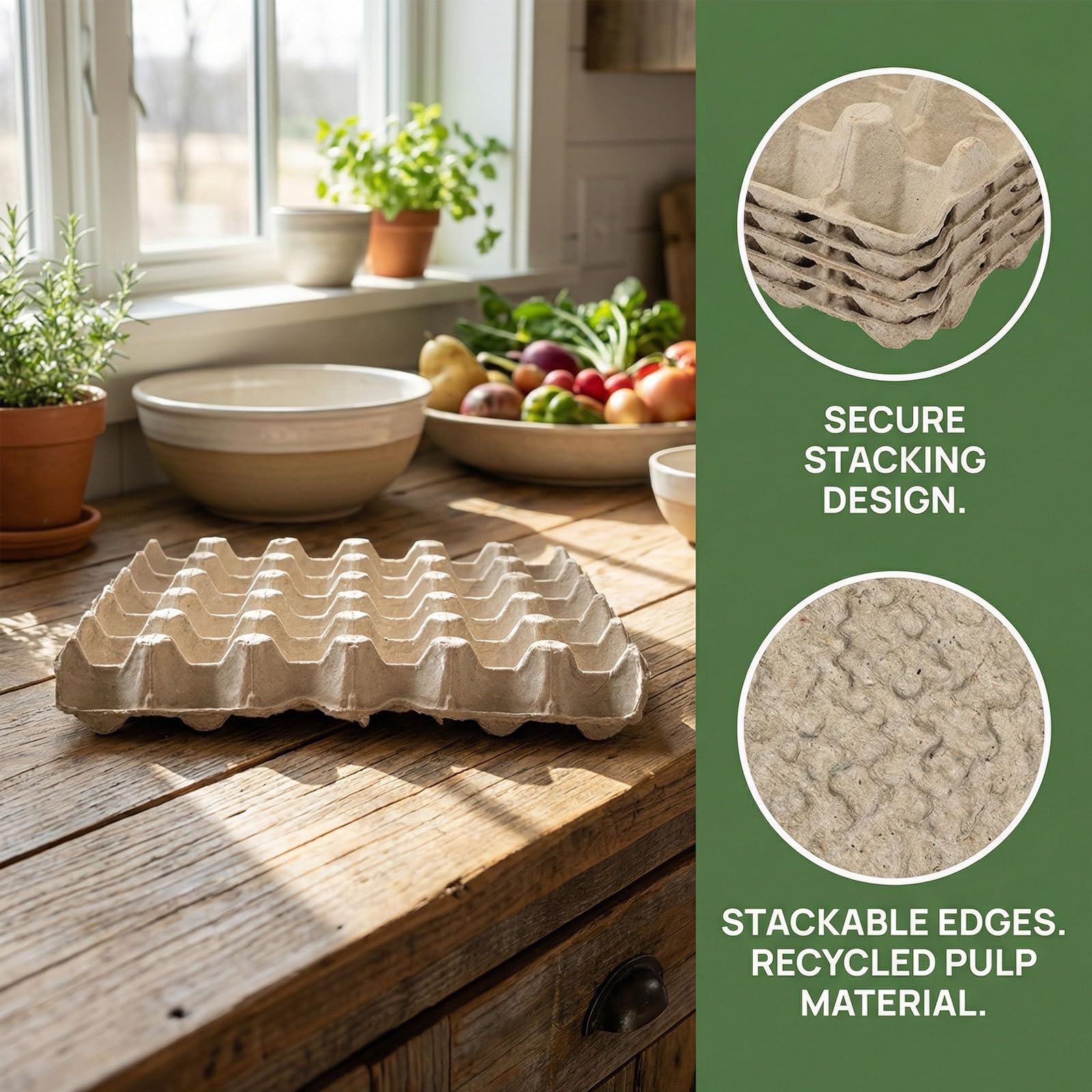 Contenitori per Uova in Polpa di Cartone Beige Impilabili Capacità 30 Uova, 12 Pezzi, Design Stabile per Negozi di Alimentari e Portauova