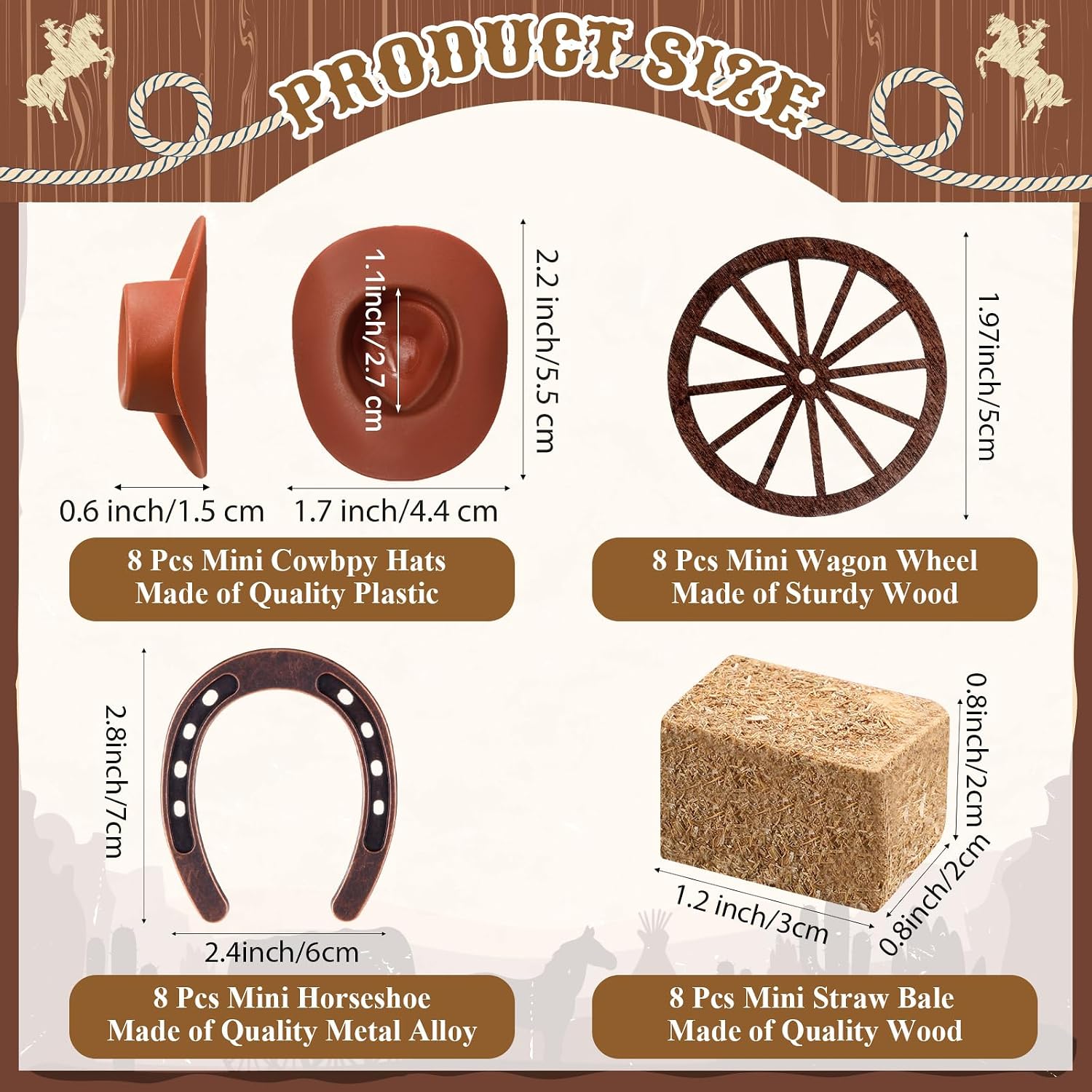 Junkin 32 Pieces Western Party Decorations 8 Mini Horseshoes 8 Simulated Haystack 8 Brown Miniature Cowboy Hats 8 Wooden Wheels for Cowboy Cowgirls Vintage Western Horseshoe Derby Party Supplies
