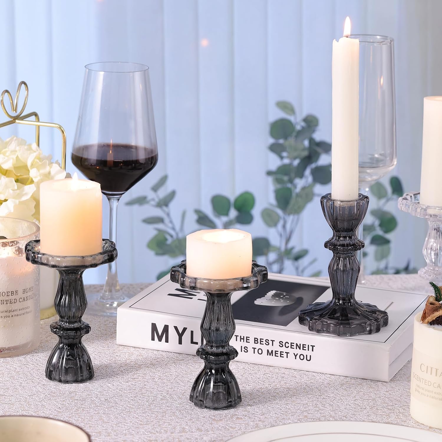 12pcs Taper Candle Holders, Black Candlestick Holders, Glass Candle Holder - Vintage Flower Design Candle Holders for Wedding, Home Decor, Halloween Decor (Black)