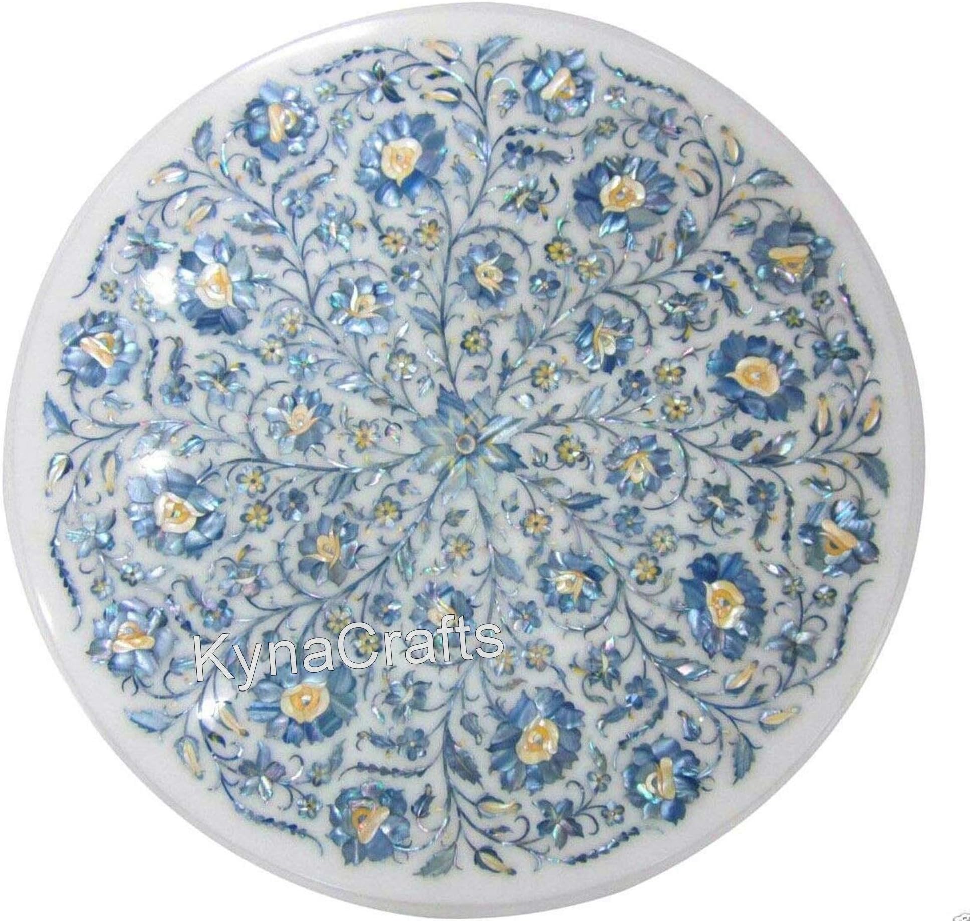 18 x 18 Inches Round Shape White Marble Coffee Table Top Blue Mother of Pearl Inlay Work Side Table from Indian Cottage Art and Crafts