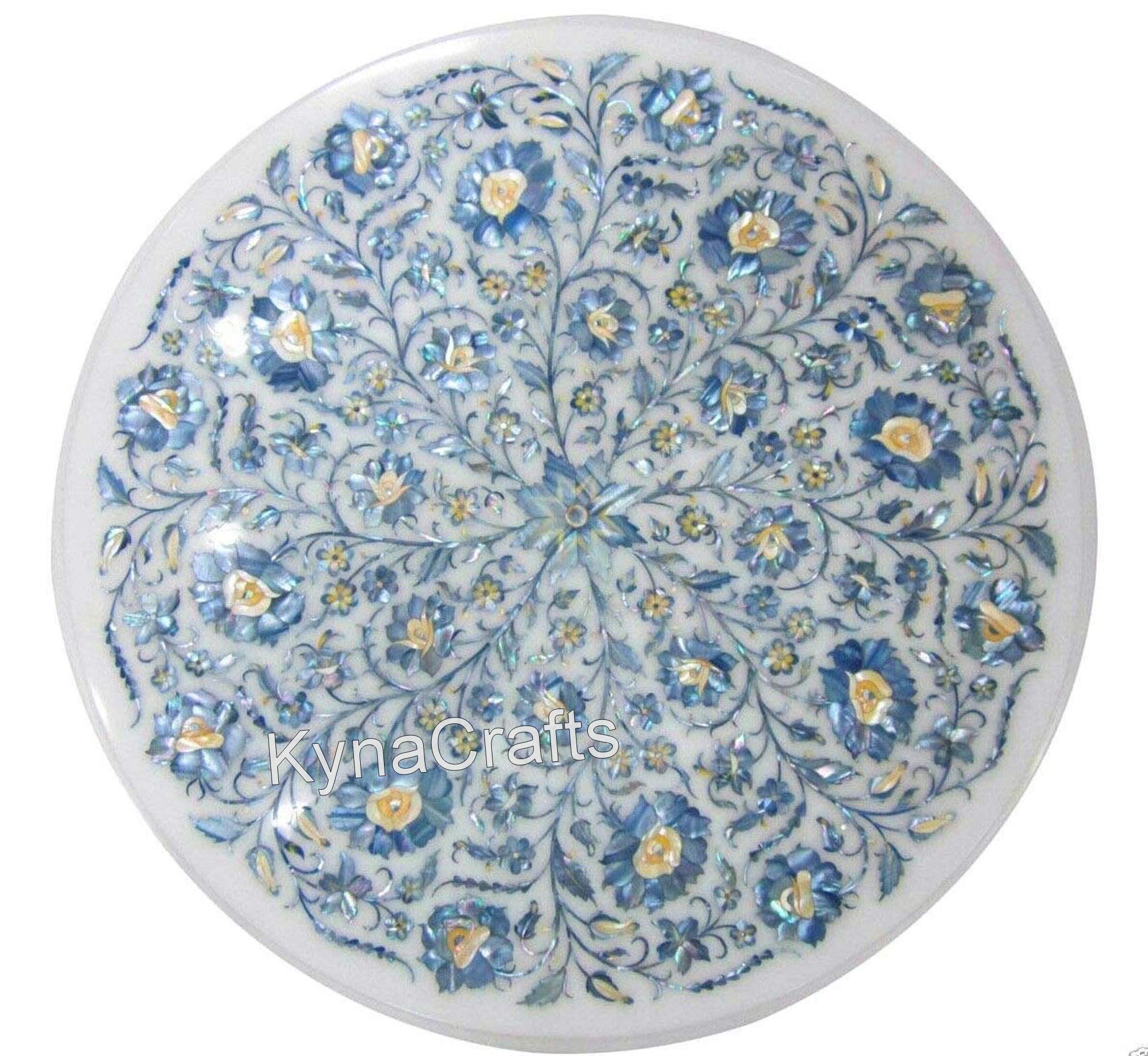 18 x 18 Inches Round Shape White Marble Coffee Table Top Blue Mother of Pearl Inlay Work Side Table from Indian Cottage Art and Crafts