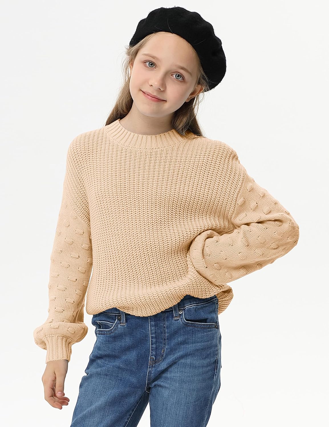 Girls Crewneck Knit Pullover Sweaters Long Lantern Sleeve Oversized Knit Cute Jumper Tops