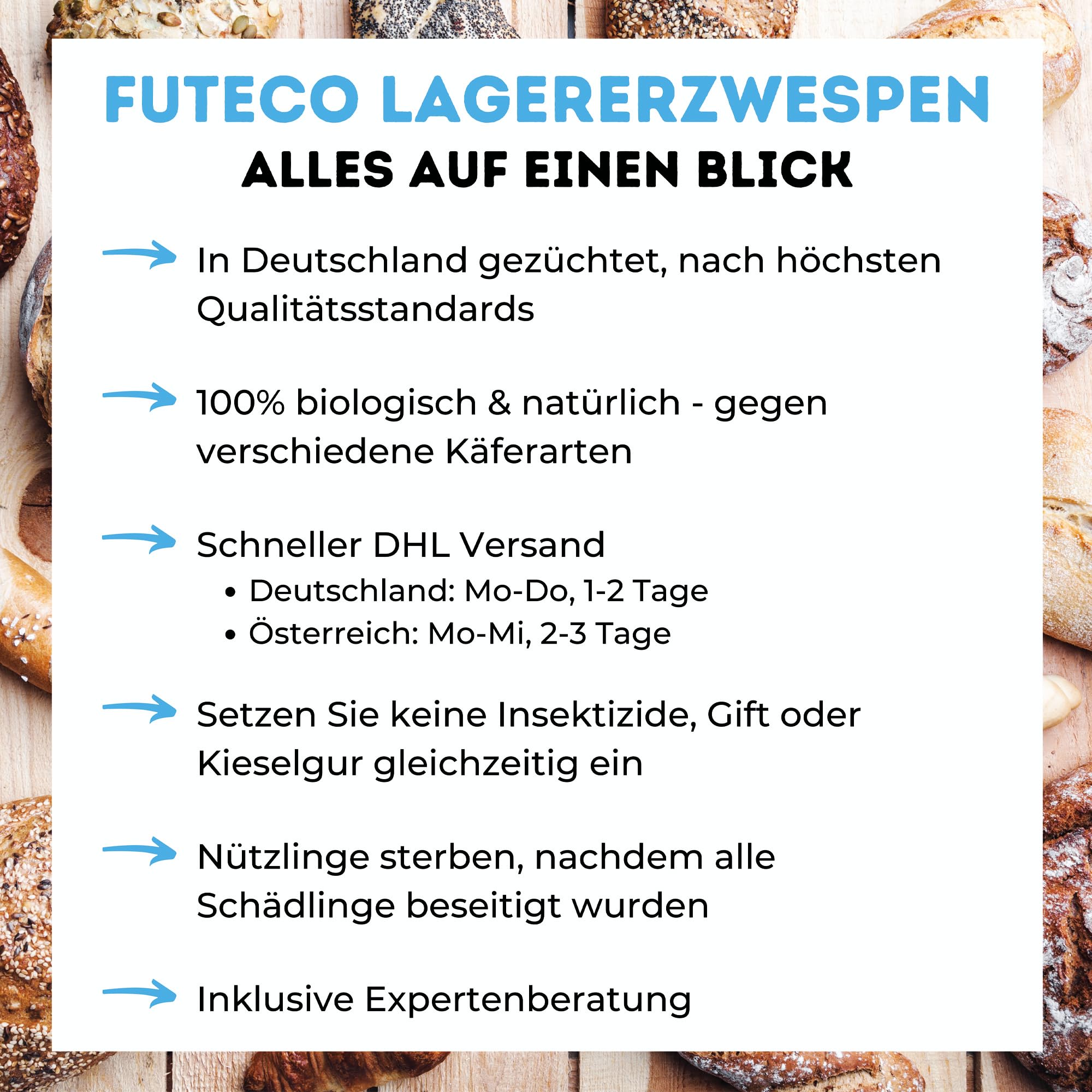 Lagererzwespen gegen Brotkäfer & Co. – für ca. 15 m² – 100% Chemiefrei – für warme und kühle Temperaturen – Alternative zu Brotkäferfalle – Made in Germany (40 Nützlinge)