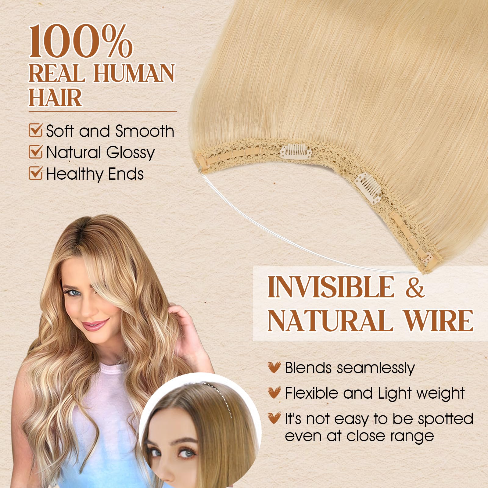 Benehair Real Human Hair Wire Extensions for Women One Piece Straight Adjustable #60 Platinum Blonde Invisible Wire Clip in Hair Extensions 18 Inches (65g) - Image 2