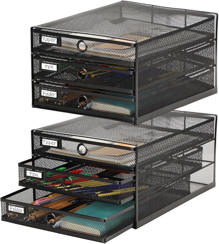 2 Pack Black Desk Organizer Total Wire Mesh with Drawer, 3 Tier | Multifunctional Paper Sorter File Stand, Storage Tray Office Accessories Supplies, Letter A4 Paper, Back to School