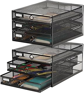 Zhanmai 2 Pack Black Desk Organizer with Drawer Total Wire Mesh Storage Tray Multifunctional Paper Sorter File Stand for Home Office Supplies Letter A4 Paper Office Accessories Back to School (3 Tier)