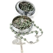 Nazareth Store Pearl 8mm Beads Rosary Necklace Guardian St.Michael Medal & Chalice Centerpiece Holy Communion Rosaries