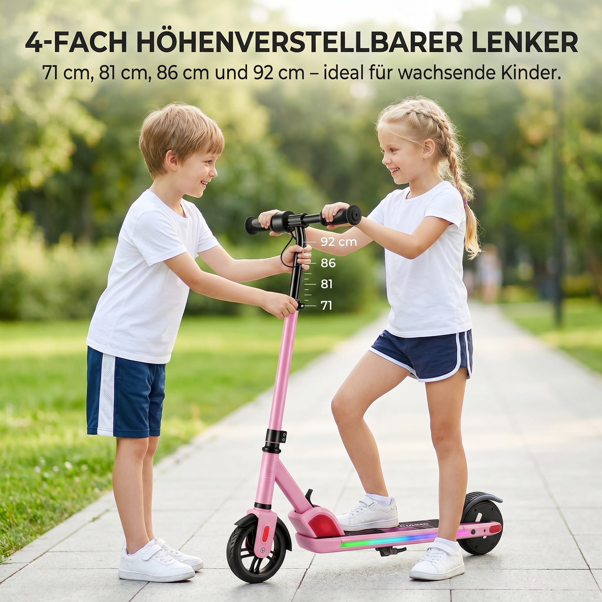 Caroma Patinete eléctrico para niños de 6 a 12 años, Motor de 150 W hasta 16 km/h, Alcance de 12 km, Patinete eléctrico Plegable con Luces Coloridas y Pantalla LED, Velocidad y Altura Ajustables