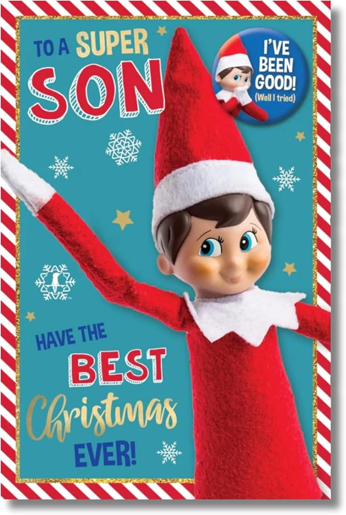 Offizielle Weihnachtskarte mit Elf auf dem Regal für den Sohn