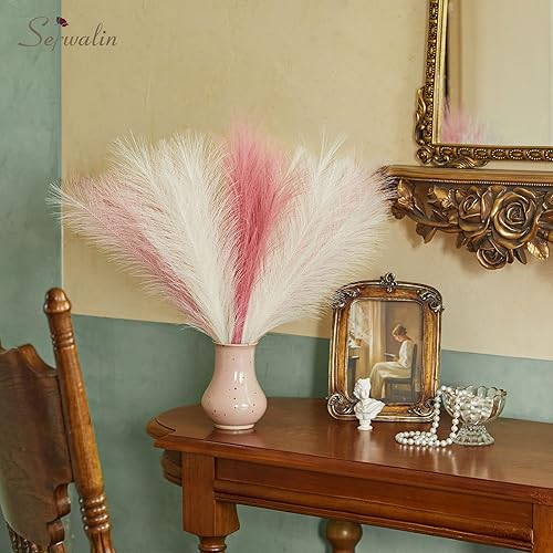 Miniatura 9 de Serwalin 12 piezas de hierba de Pampas rosa, decoración de hierba de Pampas falsa rosa de 17.7 pulgadas, hierba de Pampas artificial corta rosa