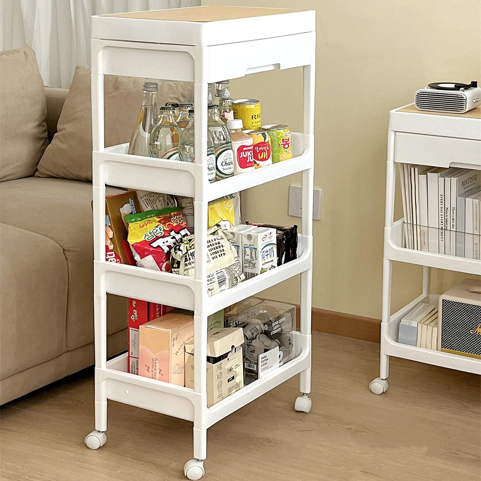 Generic HAENJA Slim Rolling Storage Cart, Movable Shelving Unit Organizer with Drawer, Rolling Storage Cart Utility Shelf Trolley for Bathroom Kitchen Bedroom (4 Tier)