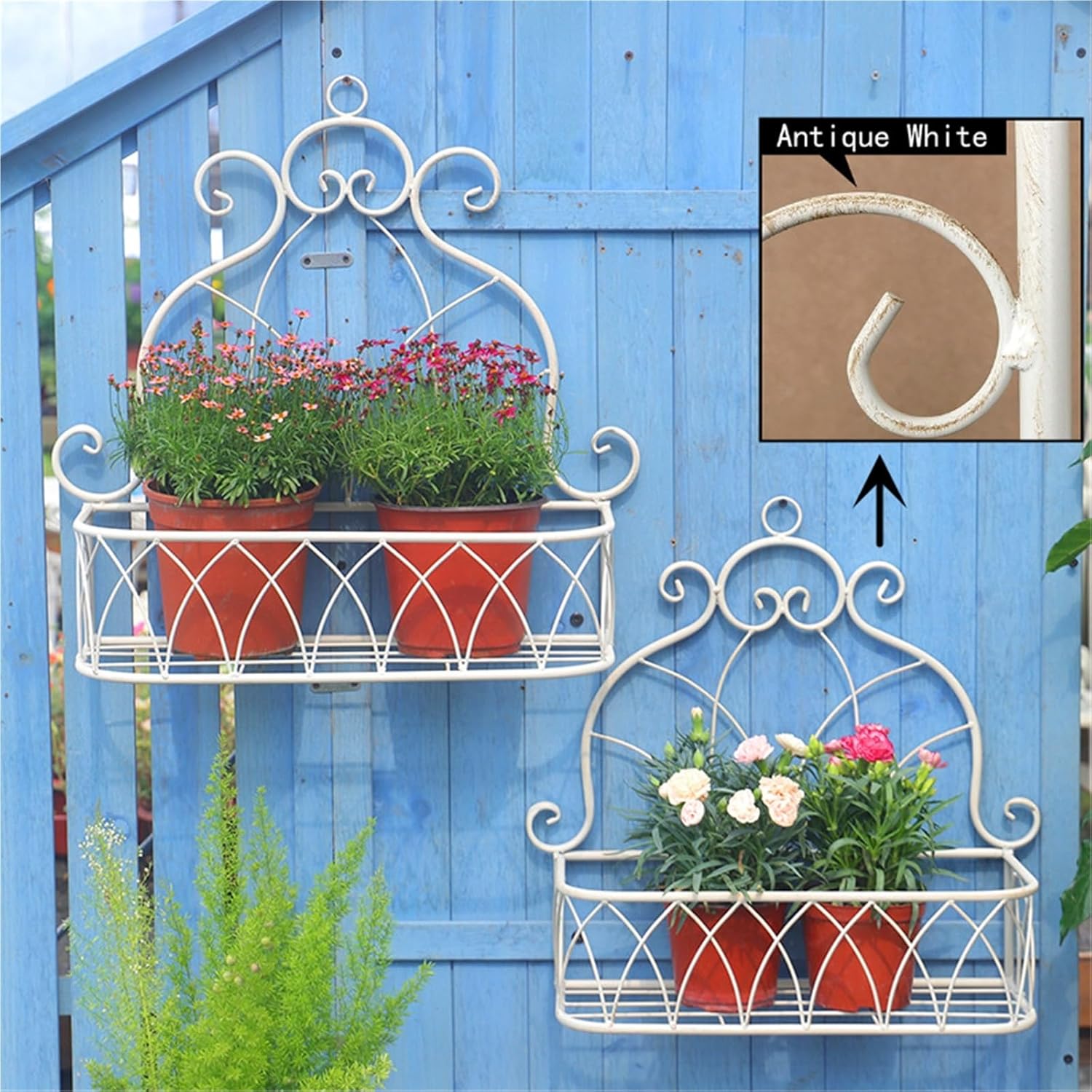 2Pcs Nordic Style Iron Wall Hanging Basket Indoor Balcony Hanging Flower Pot Wall Decoration Green Plant Hanging Flower Rack Creative Storage(Retro White)