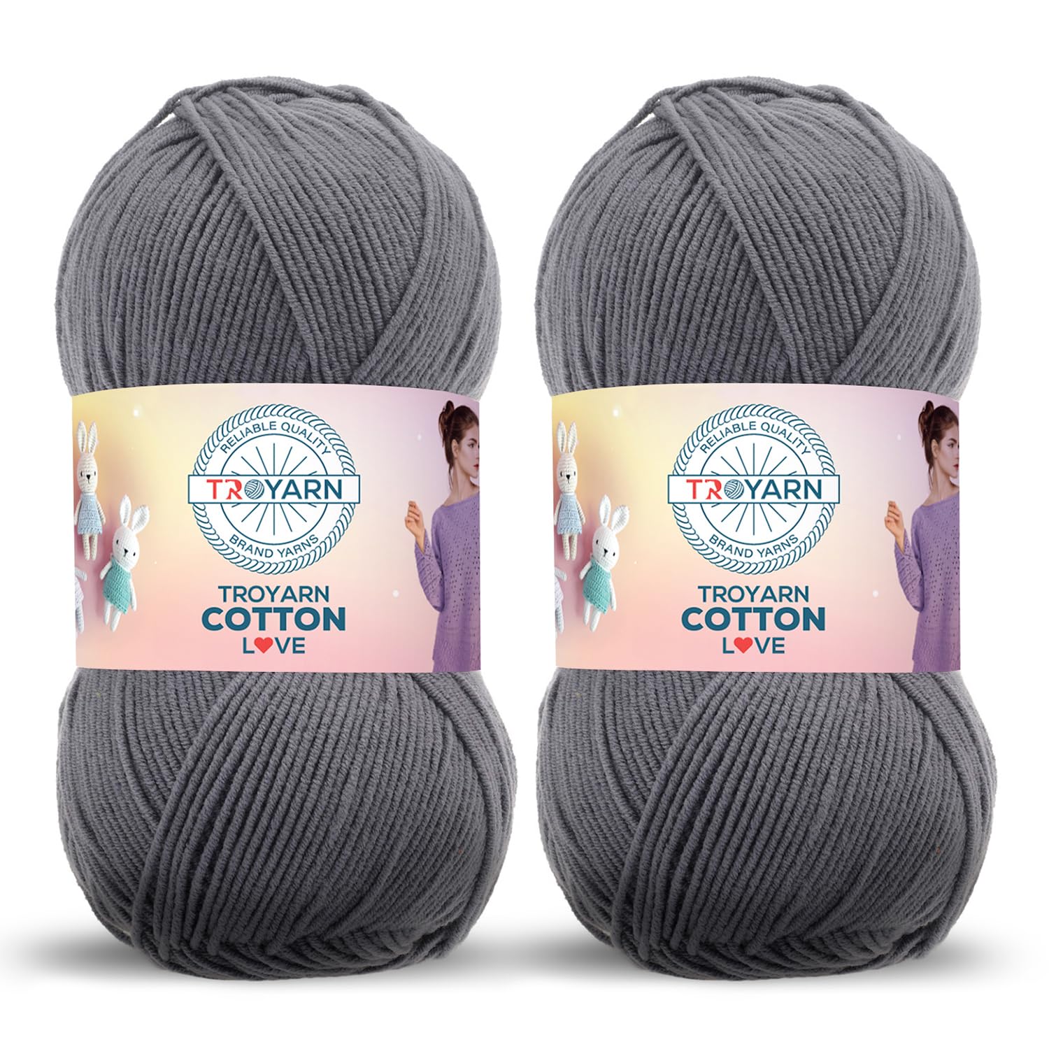 Troyarn Cotton Love (2- Skeins Pack) 55% Cotton 45% Acrylic Yarn Cotton Yarn (2 x 3.52 Oz - 2 x 100 gr) / (2 x 360 Yard - 2 x 330 mt)(11387-Grey)