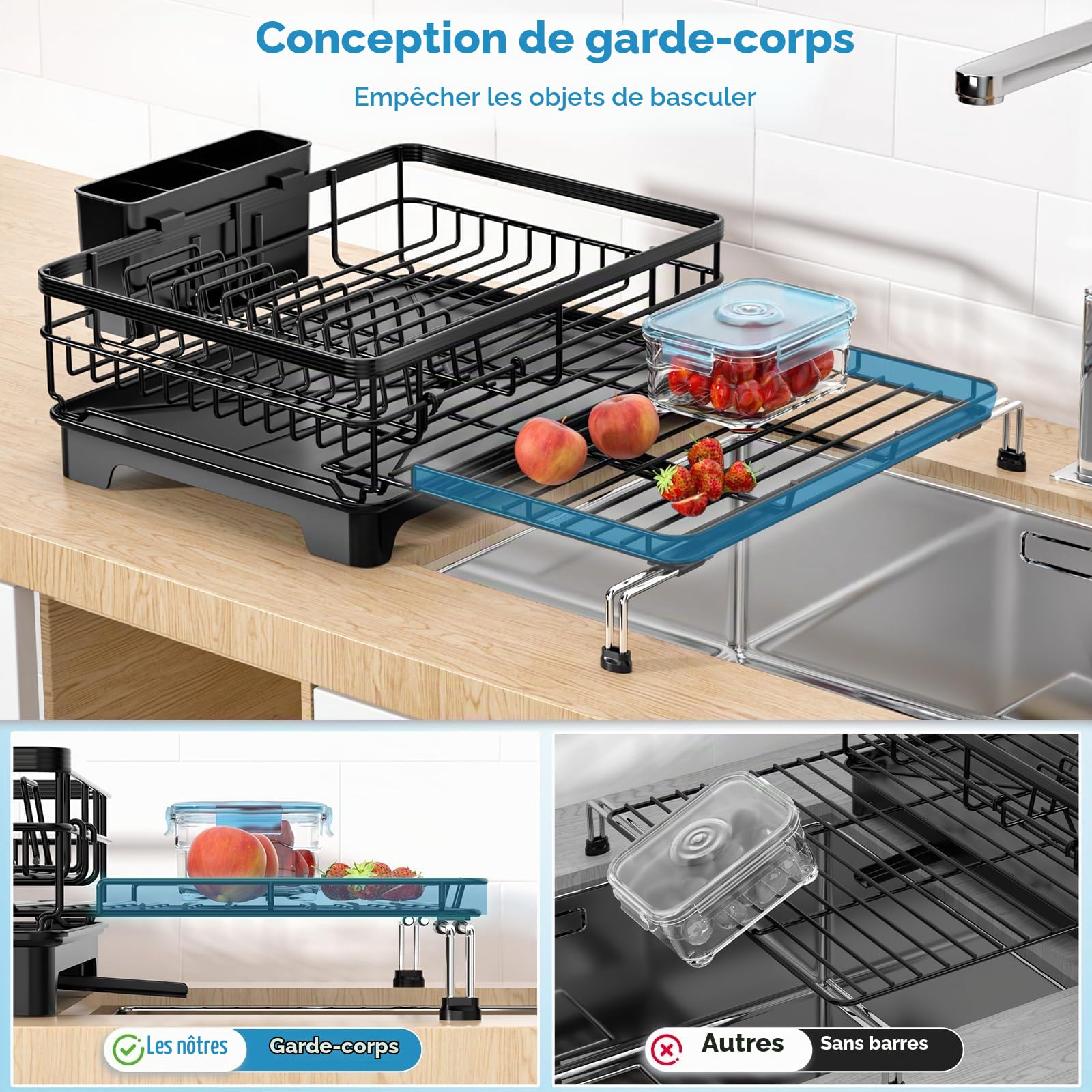 Expandable Dish Drying Rack with Utensil Holder and Drip Tray, Kitchen Counter Drying Rack with Swivel Drainage Spout, Drainer on Sink, Black