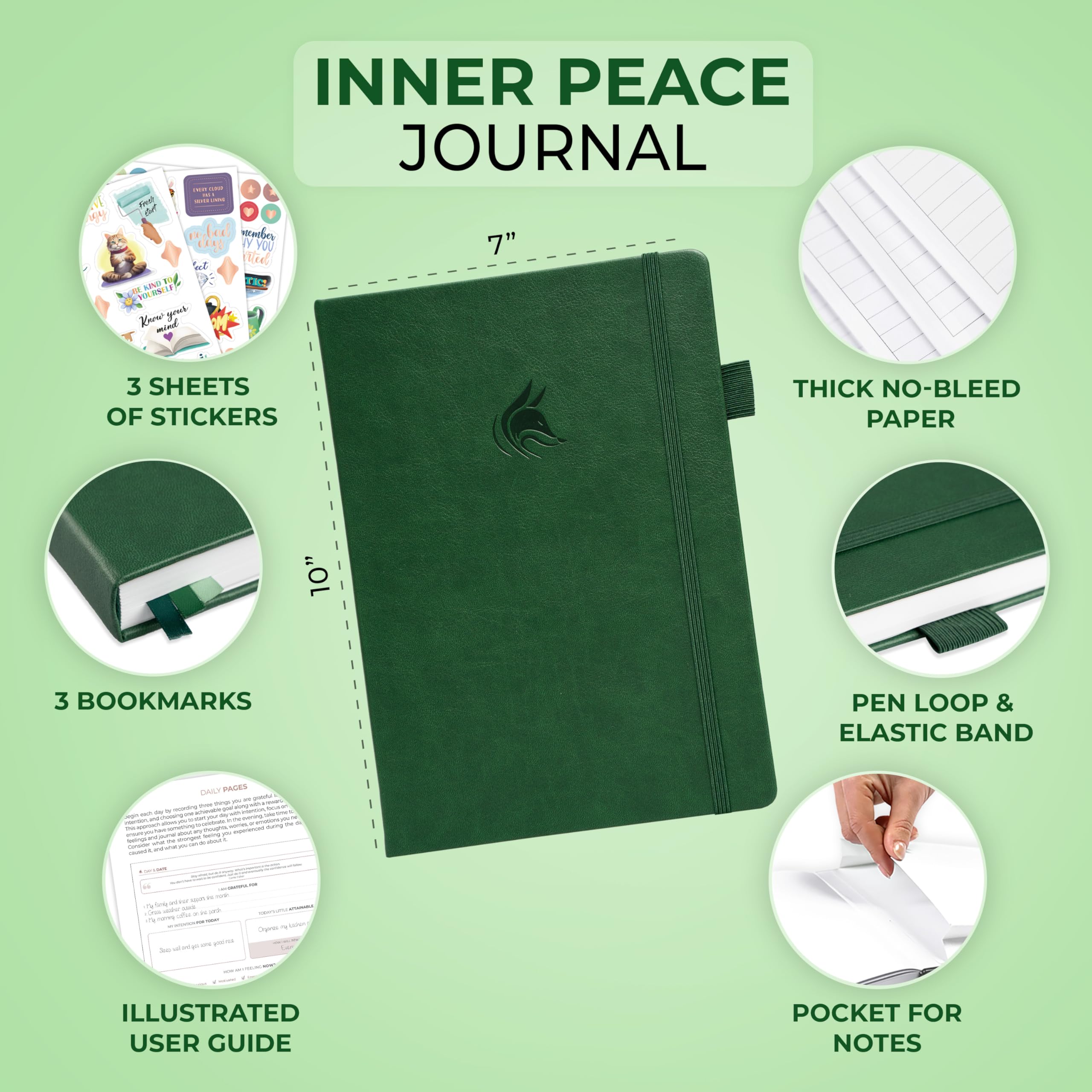 Clever Fox Inner Peace Journal – Diario guiado para aliviar el estrés y la ansiedad con indicaciones – Cuaderno de curación y autodescubrimiento para mujeres y hombres (verde bosque)