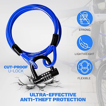Security Cable Lock Set (5' to 25' Lengths) with U-Lock, 10ft | Anti-Theft Protection, 10mm Looped Ends Cable, Vinyl Coated, Weatherproof, Compact, Keyless, Resettable Combination