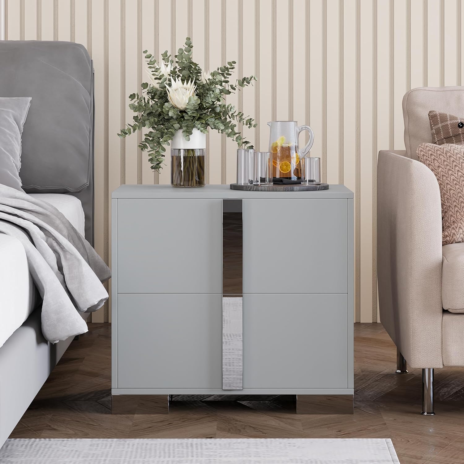 Elegant Grey Nightstand, Modern 2 Drawer End Bedside Table with Mirrored Metal Handle, Wood Nightstand for Bedroom End Table Sofa Side Tables for Living Room Office