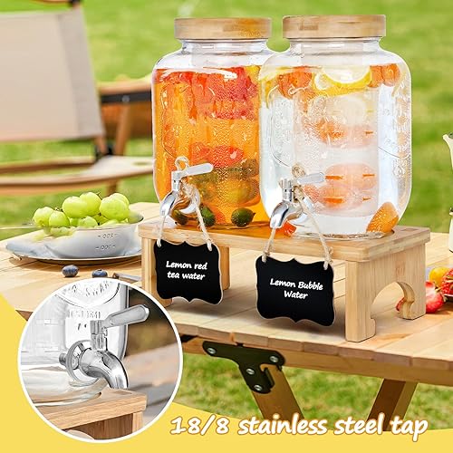 Miniatura 5 de Dispensador de bebidas de 1 galón con soporte, paquete de 2 dispensadores de bebidas de vidrio con soporte de madera, espita de acero inoxidable y