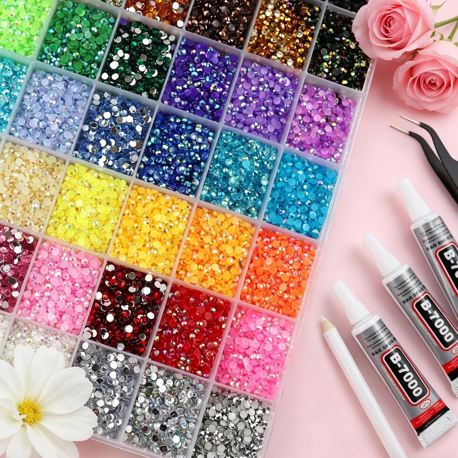 34000Pcs Resin Rhinestones for Bedazzling Kit, 42 Color 3mm Flatback Gems for Crafting Diamond Art with 3Pcs 10ml Jewelry Glue & Tools for Nail Book Painting Accessories