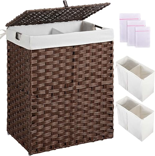 Miniatura 13 de Greenstell Cesta para la ropa sucia con 2 bolsas de forro extraíbles, cesta para ropa dividida de 90L, cesta de lavandería plegable de ratán Blanco