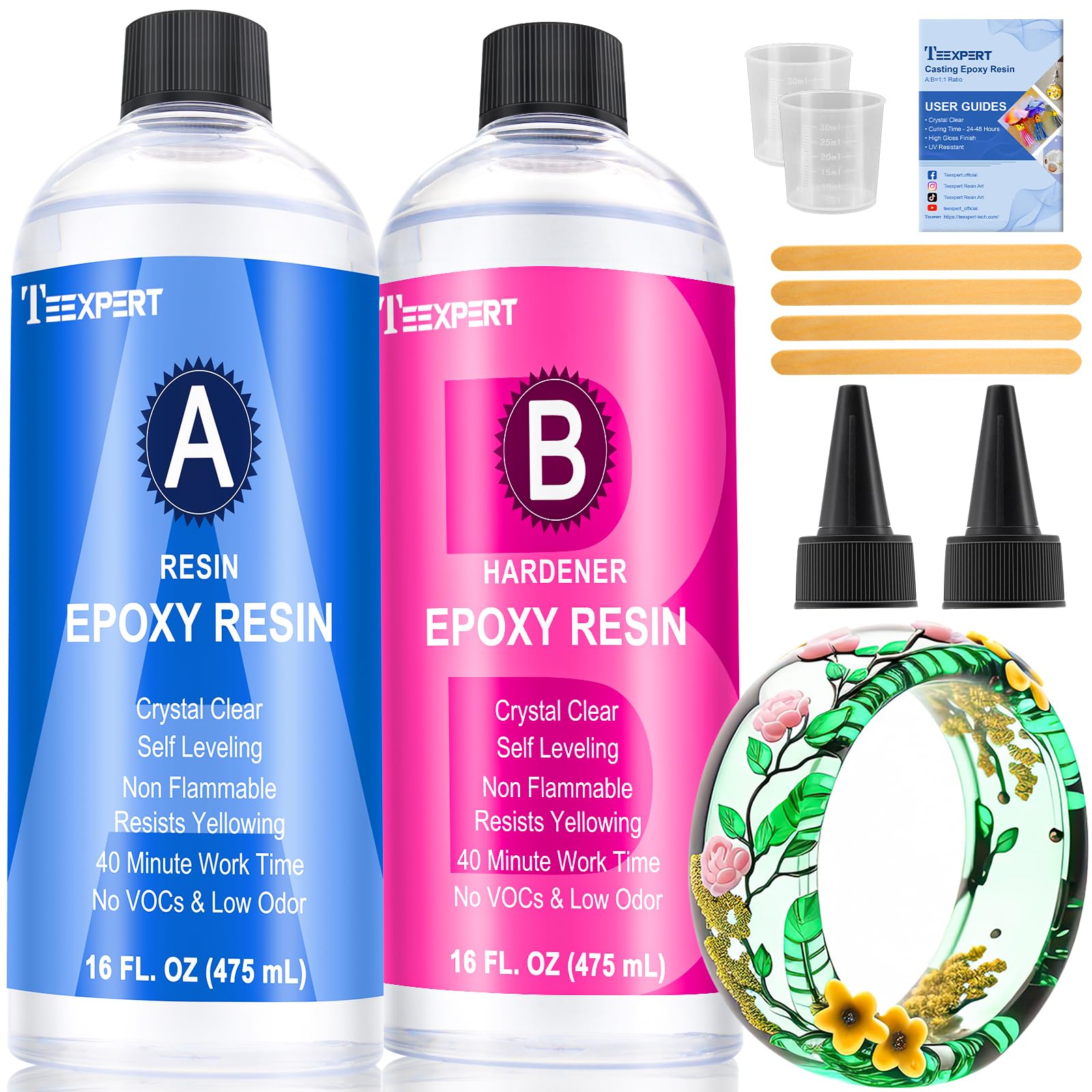 Teexpert Clear Epoxy Resin Crystal Kit- 32Oz/950Ml - Casting Resin For Jewellery Diy Resin Coating Easy Cast Epoxy, With Instructions/Bonus Sticks/Graduated Cups/Beak