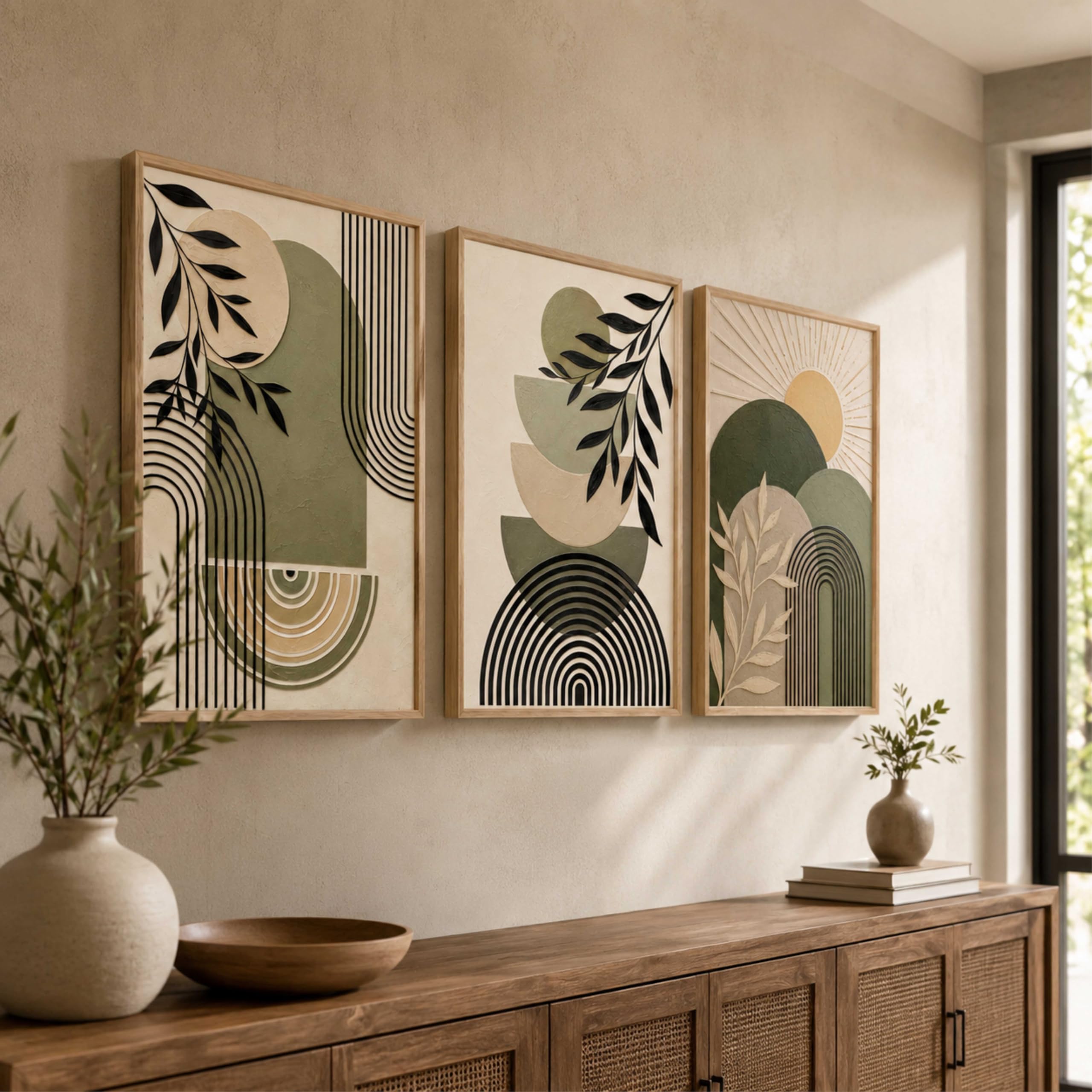 Livin'luxe Set of 3 Abstract Geometric Botanical Wall Paintings with Sparkle Laminate, Premium Wooden Synthetic Frame, Modern Boho Art for Living Room Bedroom Decor (13.5 x 19.5 Inch) NM03-162-image-14