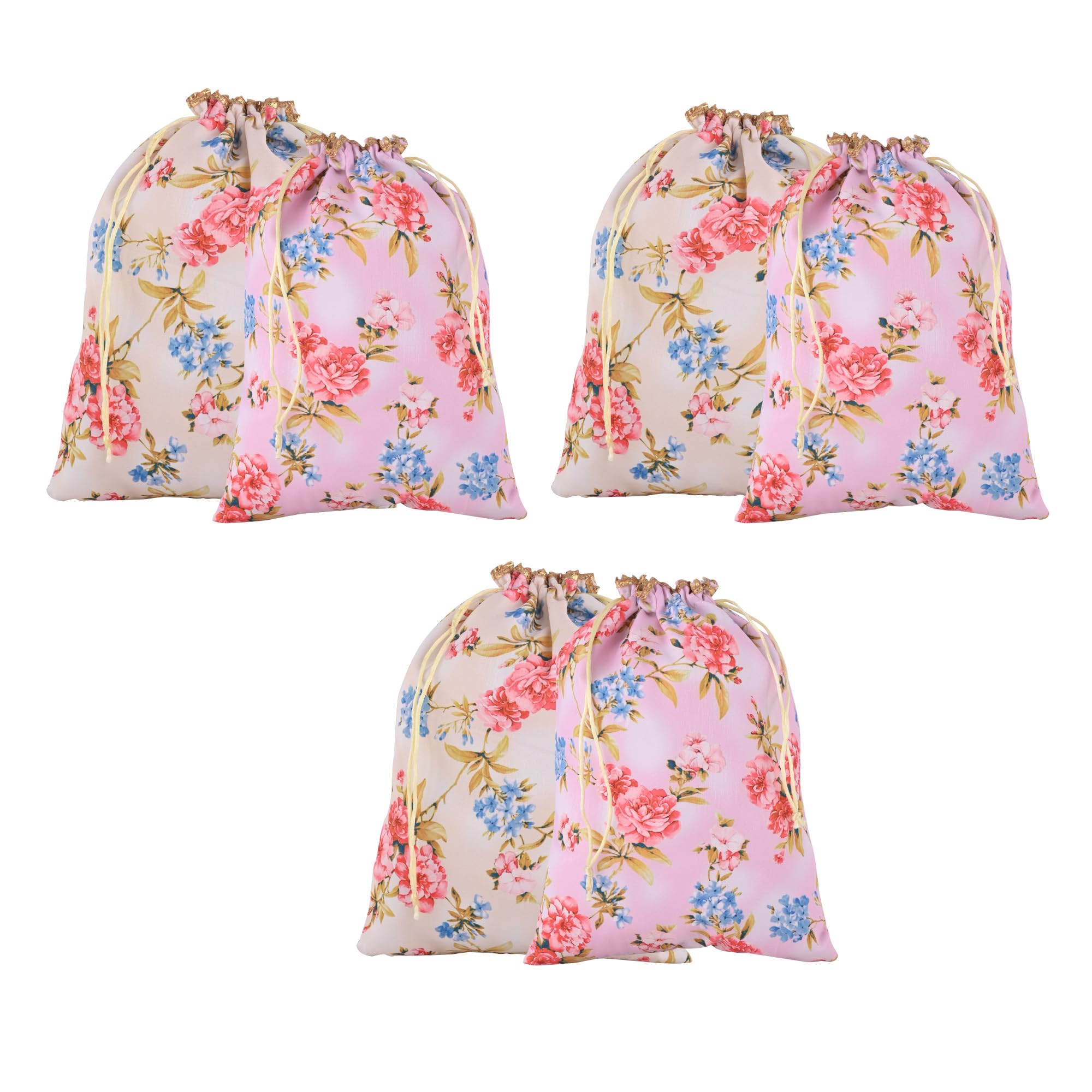 6 Pcs Silk Drawstring 9x12 Inch Medium Potli Pouch | Goodie Bags for Return Gift | Shagun Potli for Gifting | Wedding & Baby Shower Goody Pouch | Digital Flower - Cream & Pink