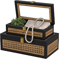 Fllamo Boho Rattan Decorative Box Set of 2 - Woven Wicker Storage Bins with Glass Lids, Yellow & Black for Rustic Farmhouse Home Decor