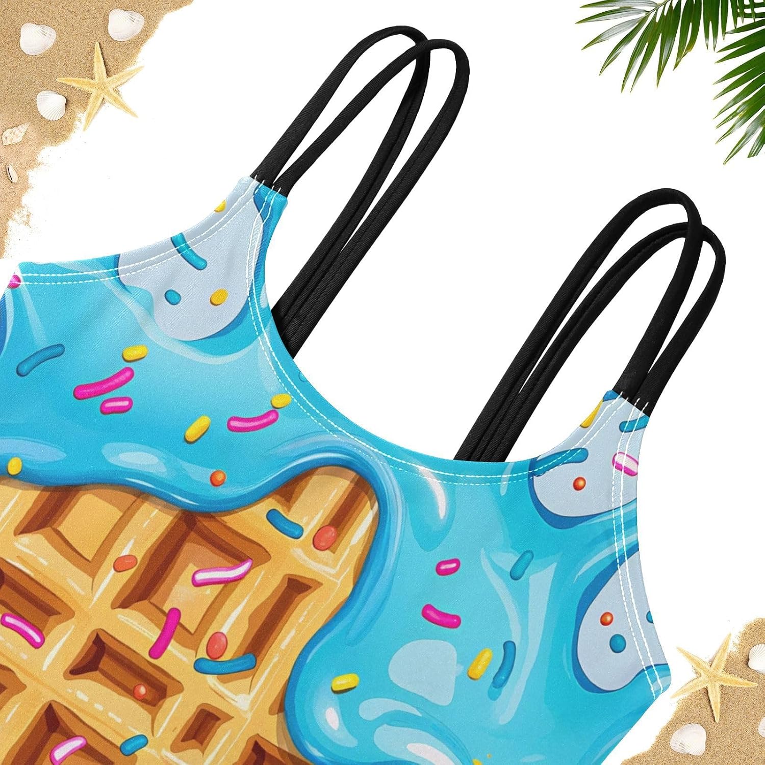 visesunny Girls Two Piece Swimsuits Blue Waffle Ice Cream Girl's Bikini Sets Bathing Suits for Girls Size 5-12Y