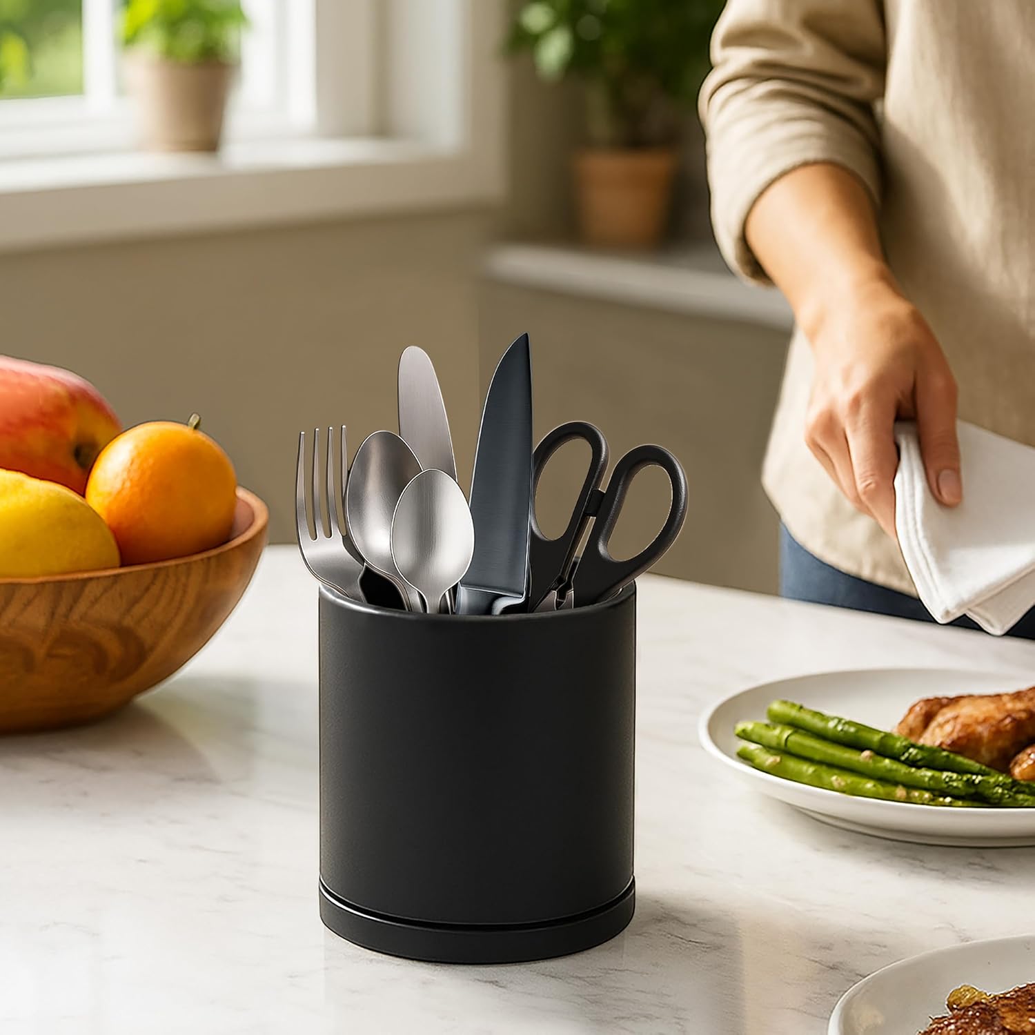 D'vine Dev 360° Rotating Utensil Holder – 5" Kitchen Utensil Crock for Countertop, Modern Cooking Tool Organizer for Kitchen Storage & Décor, Set of 2, Black, 72-Y-B-1