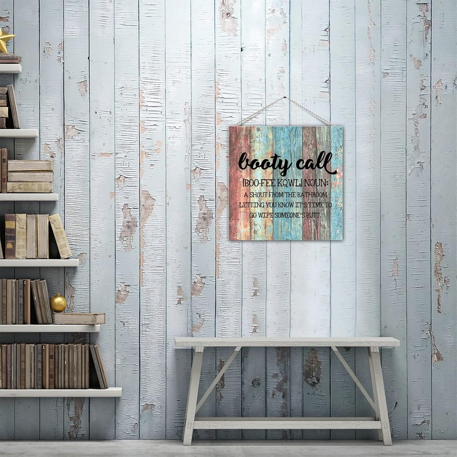 Funny Bathroom Sign Plaque Booty Call Definition Wooden Wall Hanging Plaque with Sayings Quote Old Fashioned Bathroom Wall Pediment Wall Decorations for Toilet Toilet 12in