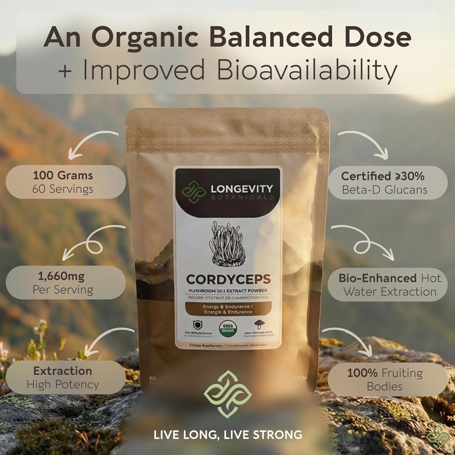 Longevity Botanicals Organic Cordyceps Mushroom Powder Supplement Extract 100g | Cordyceps Militaris Fruiting Body | ≥30% Beta-D-Glucans | 60 Servings of 1,660mg | Supports Daily Energy & Wellness