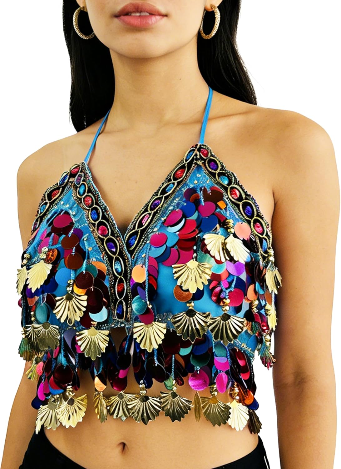 Wuchieal Sequin Halter Bra Tops Salsa Belly Dance Boho Festival Clubbing Tribal Bra Gold Shell Top