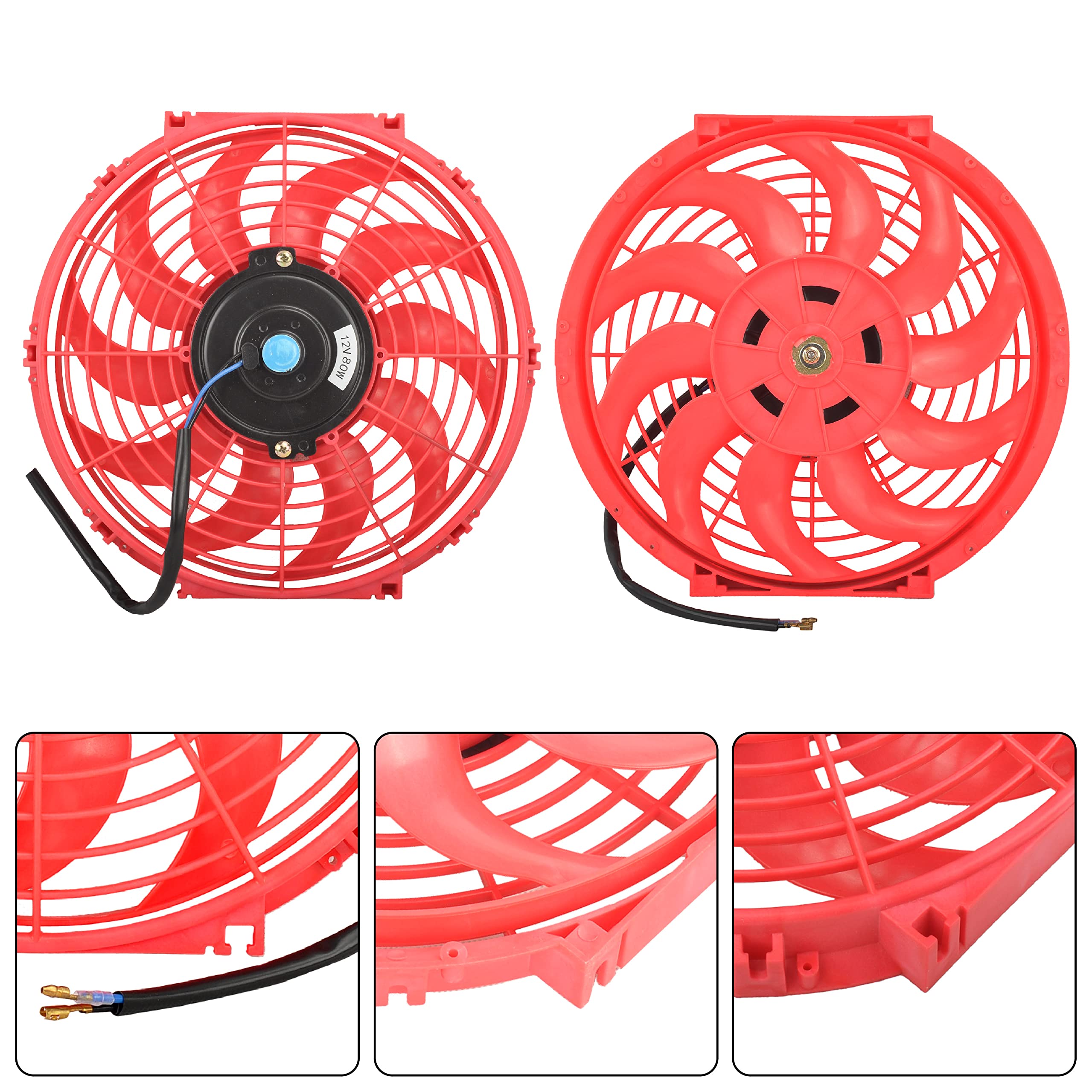 Uniwersalny elektryczny wentylator chłodzący push-pull 30,5 cm z wydajnym silnikiem 12 V, 80 W, z zestawem montażowym wentylatora (czerwony)