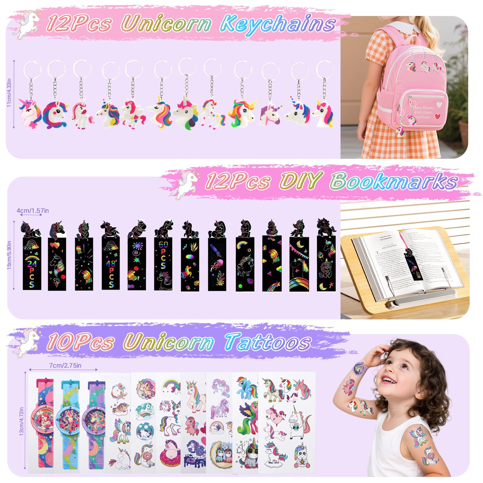 Unicorn Party Bags Fillers for Kids- 192PCS Girls Party Favours with Unicorn Hair Clips Slap Bracelets Scratch Paintings Stamps Rings Keychains Tattoos Stickers Gift Bags Pinata Fillers for Parties - Image 3