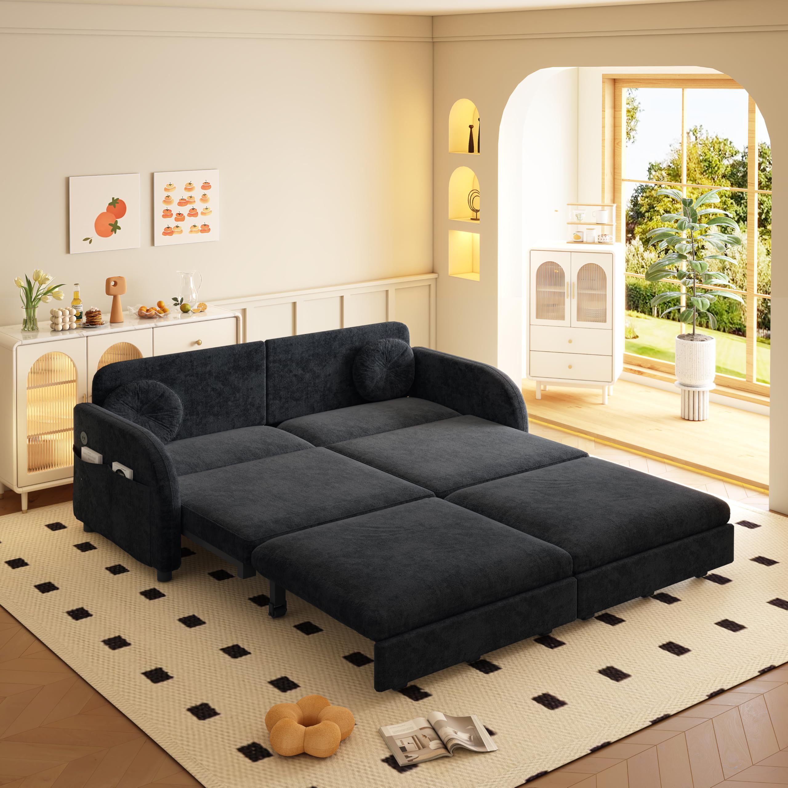65.4'' Sleeper Sofa Bed Queen Size, 3in1 Convertible Pull Out Couch, Black | Modern Chenille Upholstered Loveseat, USB Charging, Side Pockets, 2 Pillows, for Living Room, Small Spaces, RV, Apartment