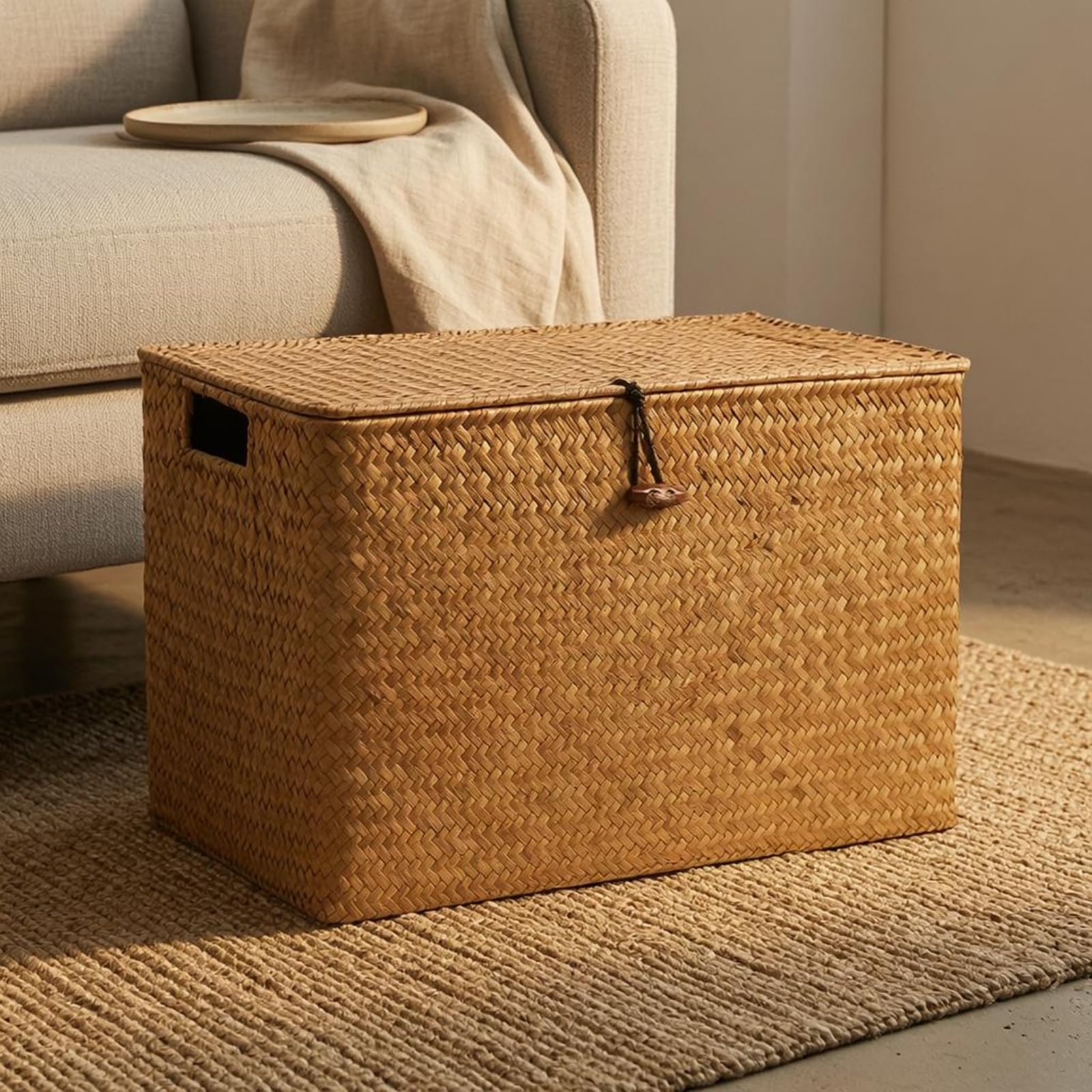 Kunststoffbox mit Grifföffnungen Rattanoptik Geflochtene Aufbewahrungsbox Korbgeflecht Rechteckiger Weidenkorb für Arbeitszimmer, Braun, 44x30x29 Cm