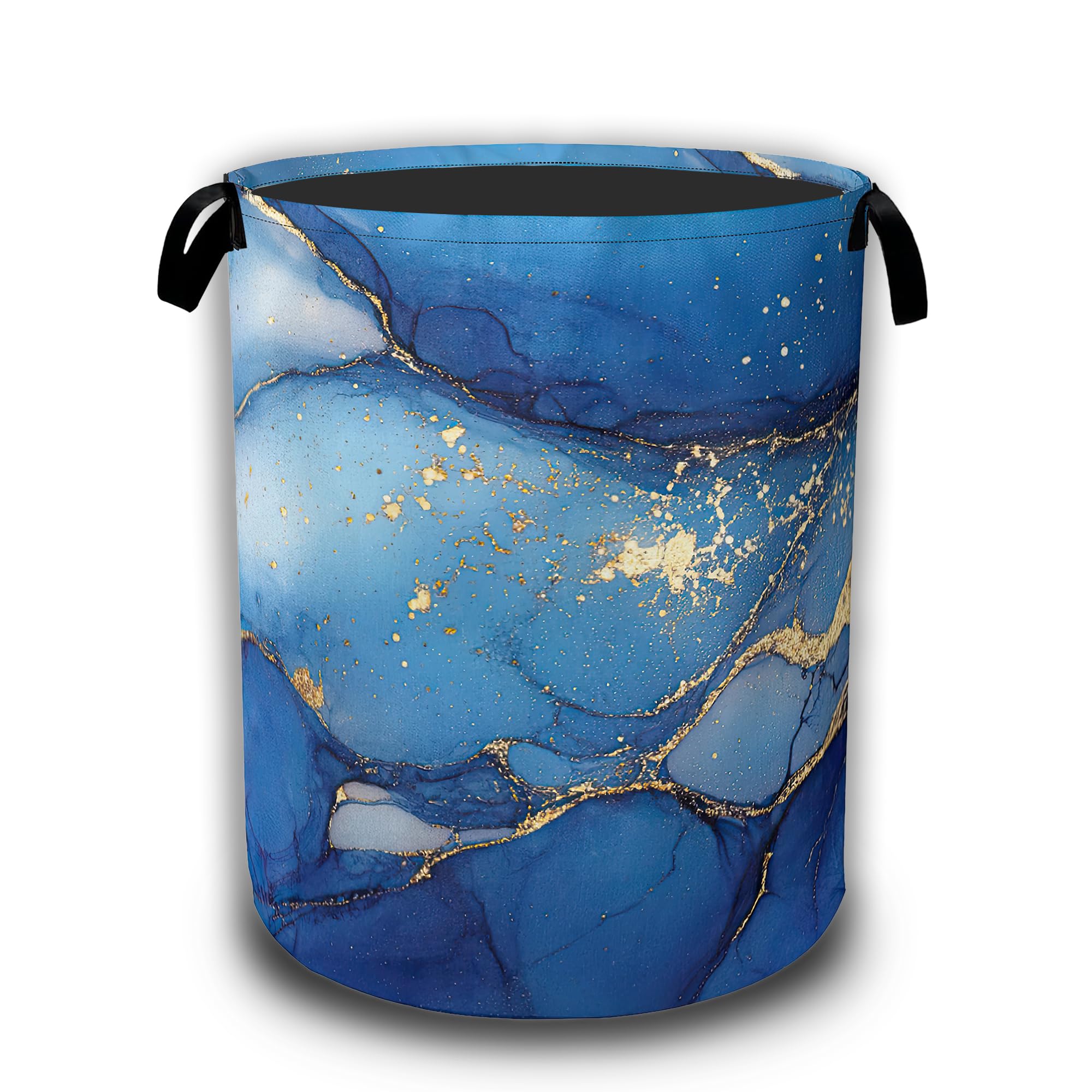 Blue Gold Marble Laundry Basket, Laundry Hamper Waterproof Oxford Cloth Tote Collapsible,Clothes Storage Bucket Decorative Toy Organizer For Bathroom Bedroom 16" x 20.8"