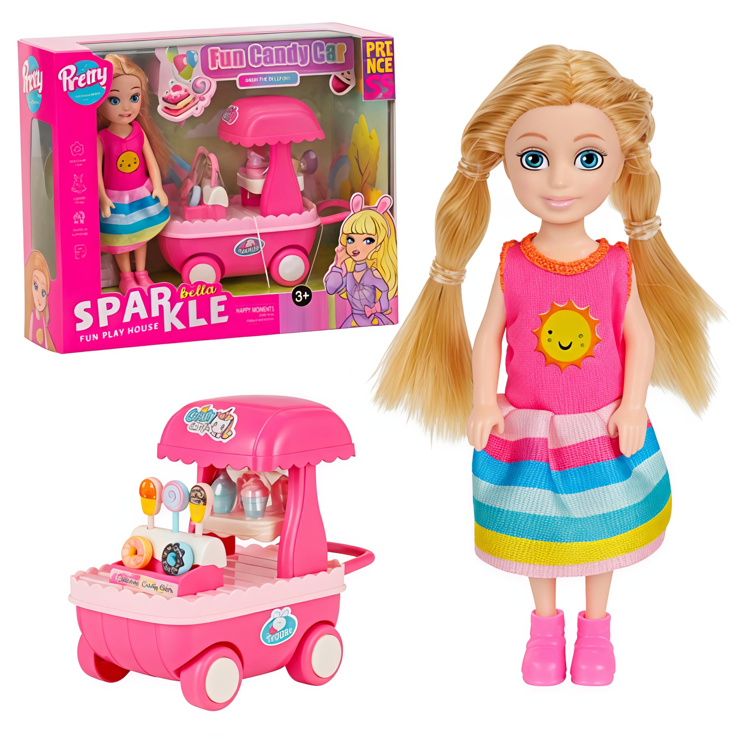FunBlast Doll Candy Cart Play Set – Fun Play House with Rolling Candy Car & Sweet Accessories, Pretend Play Toy for 3+ Years Girls-image-9