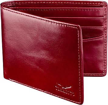 Claasico Wallet for Men s - Genuine Leather Slim Bifold RFID Wallet - Gift for Men Packed in Stylish Gift Box, Wax Oil Red, S