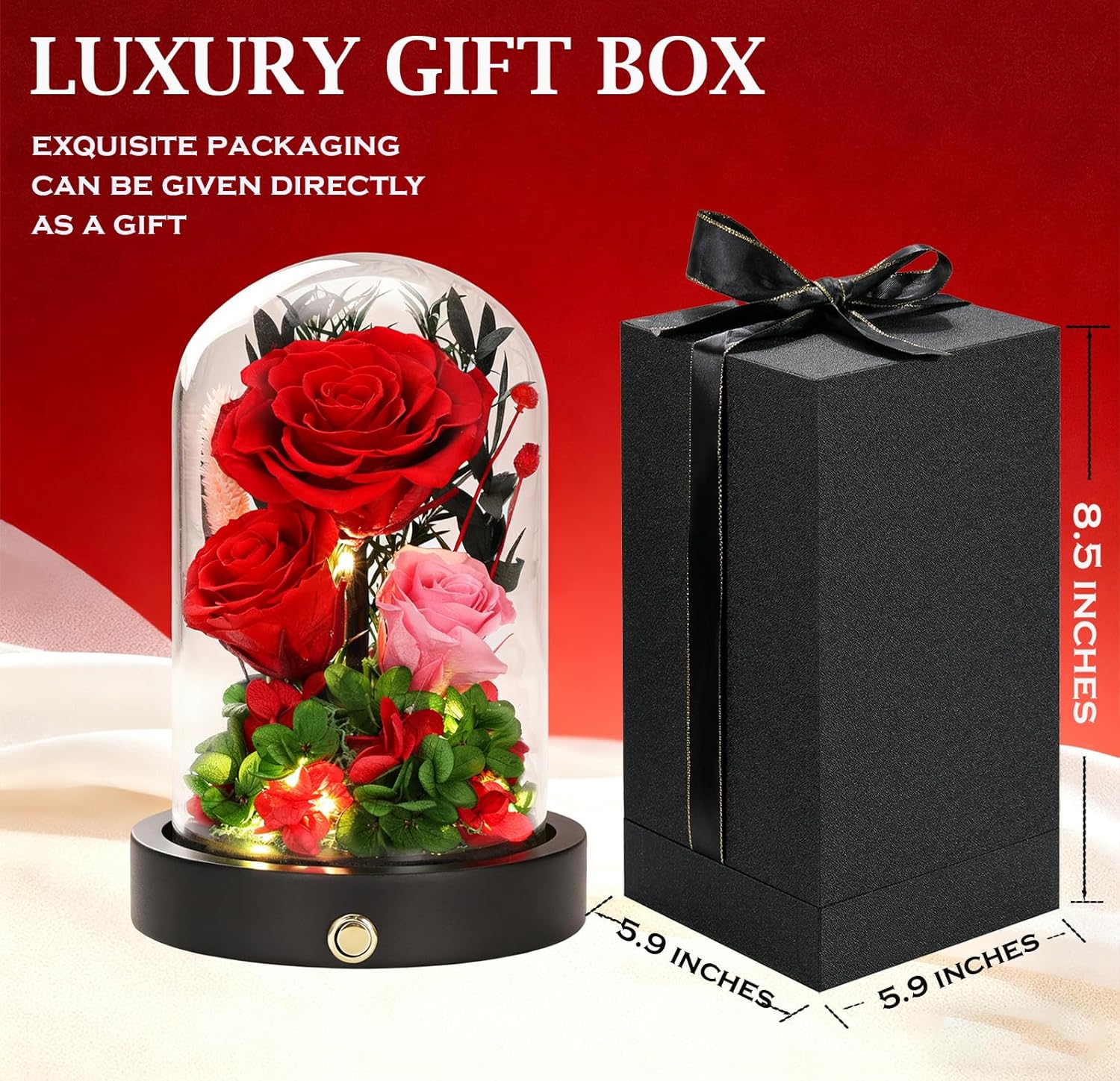 Red Roses Gifts for Women,Preserved Roses in Glass Dome, Forever Flowers for Delivery, Eternal Flower Mothers Day Anniversary Birthday Valentines Day Gifts for Wife Her Mom - Image 3