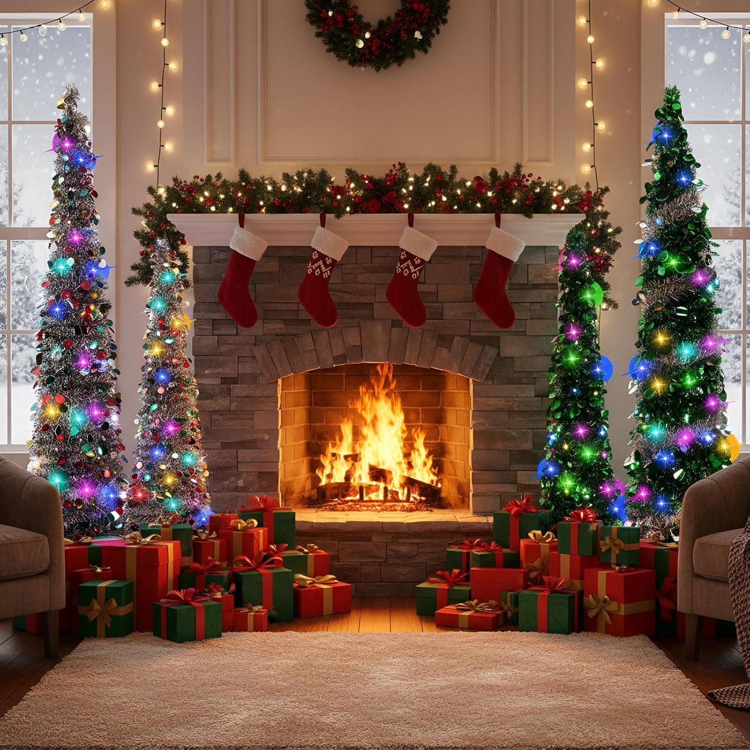 5 Pcs 4/5/6 ft Pop up Christmas Tree with Light Collapsible Christmas Tinsel Pencil Tree with 300 Multicolor LED Lights for Xmas Home Fireplace Party Indoor Outdoor Holiday Decoration