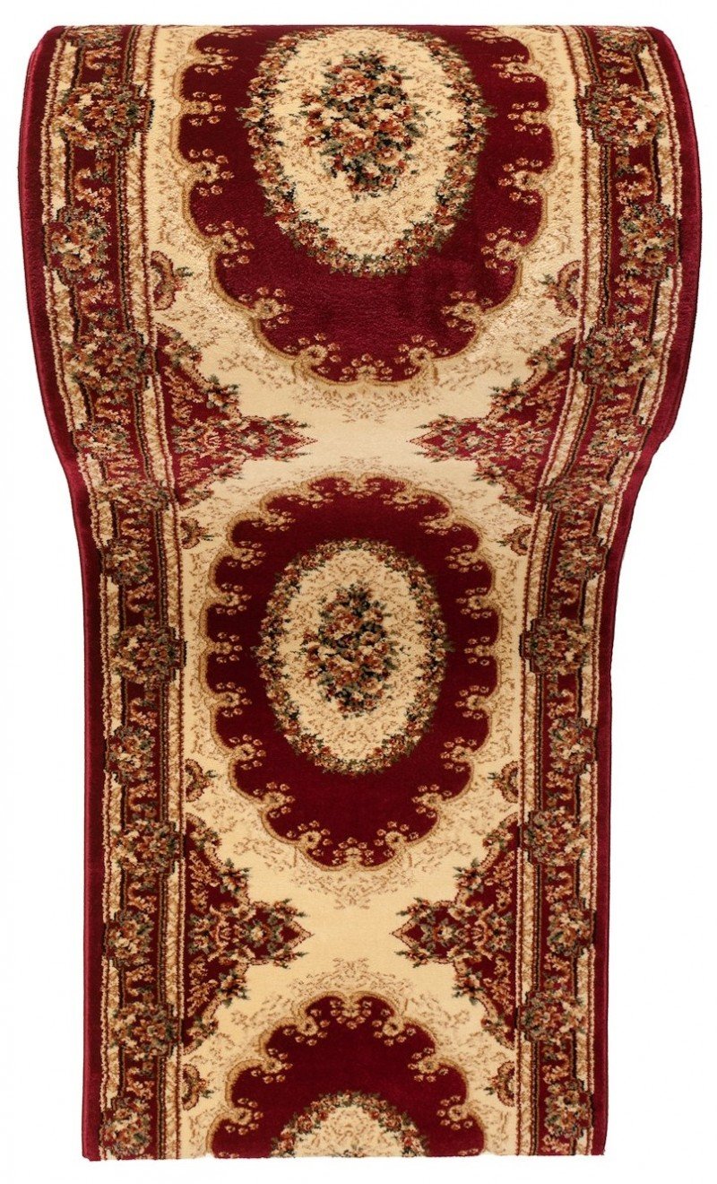TAPISO Yesemek dywan bieżnik na korytarz, krótkie runo, klasyczny medalion kwiatowy, tradycyjny wzór ornamentowy, czerwony, kremowy, 140 x 460 cm