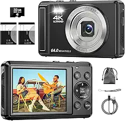 Câmera Digital 4K 64MP, Zoom 16X, Foco Automático,Tela IPS de 2.8 Polegadas para fotografia, Flash, Cartão SD de 32GB, Câmera Compacta,para Crianças e Adolescentes, Câmera Fotográfica para Vlog