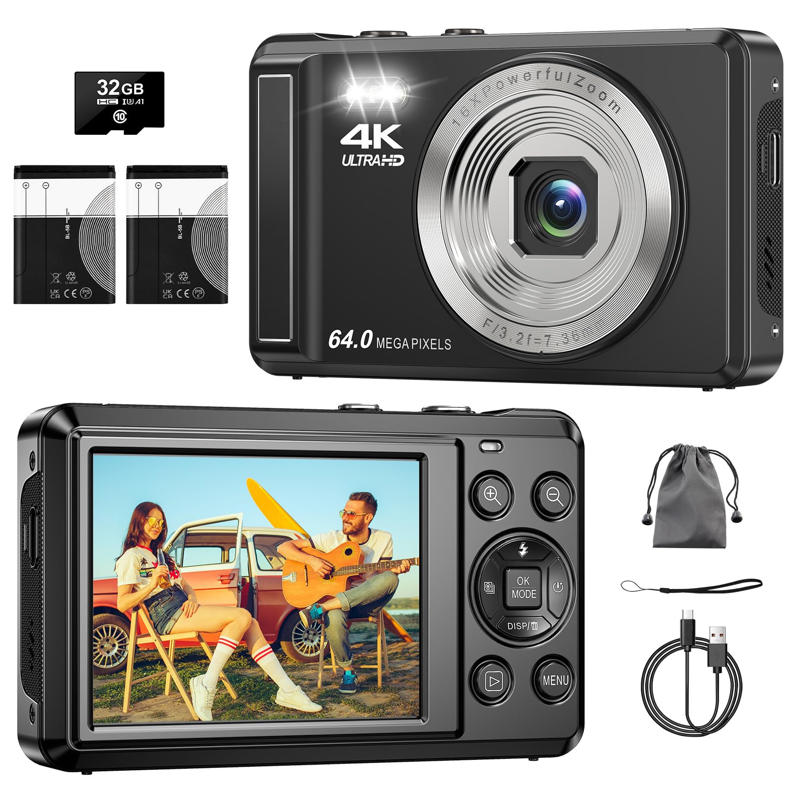 Câmera Digital 4K 64MP, Zoom 16X, Foco Automático,Tela IPS de 2.8