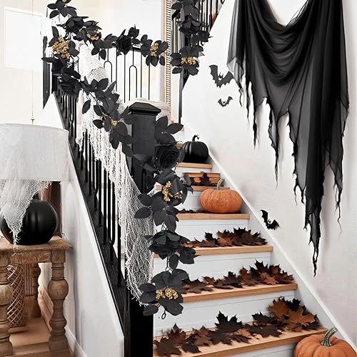 Miniatura 7 de RECUTMS Guirnalda de rosas artificiales negras de 5.9 pies, guirnalda de flores falsas para Halloween, colgante, flores de seda, corona de hojas