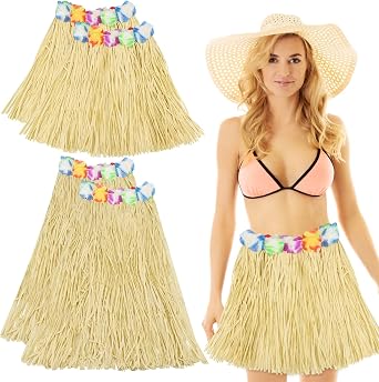 4 Pcs Hula Grass Skirts Set, 2 Pcs 80cm and 2 Pcs 40cm Long Grass Hula Style Skirt, Hawaiian Party Decorations Hula Skirts for Fancy Dress Hawaiian Aloha Luau Summer Beach Pool Party